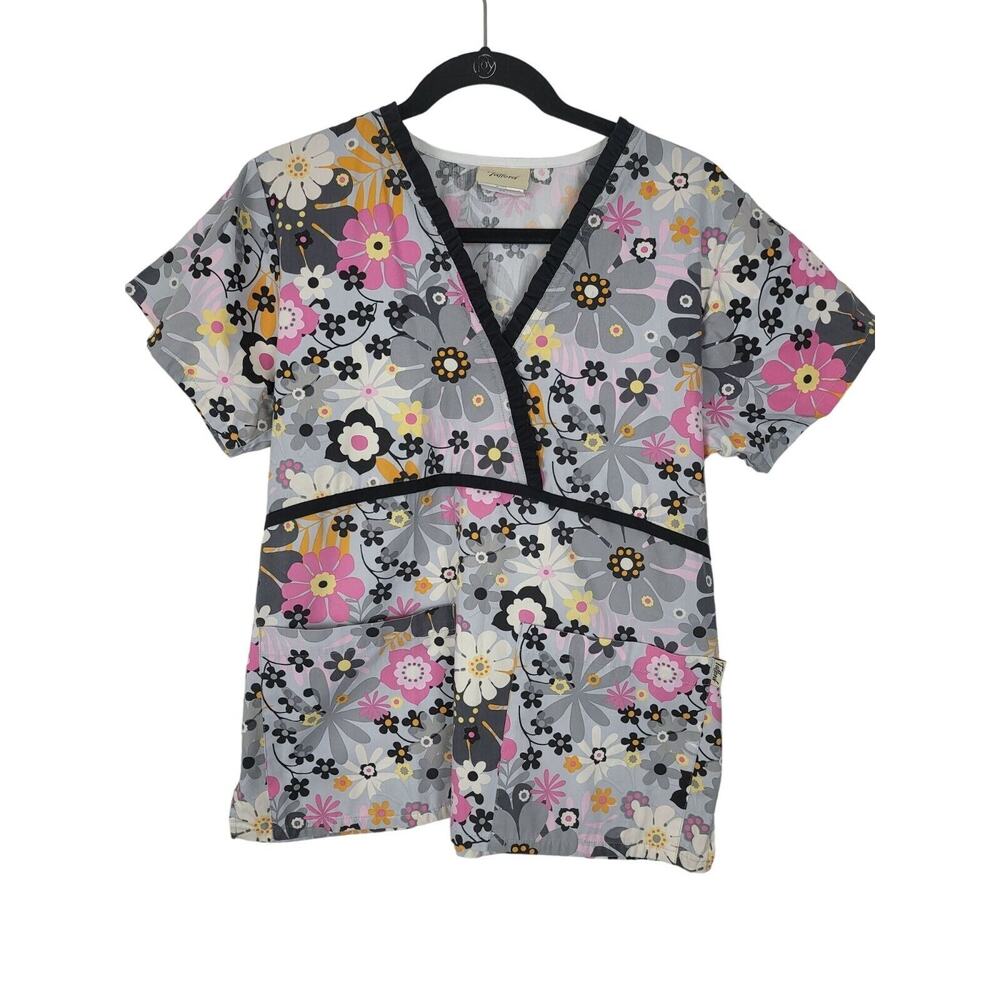 Tafford Medical Scrub Top XS Womens V Neck Short Sleeve Grey Floral Print Doctor